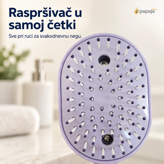 Prednja strana svetloljubičaste četke sa dva otvora između belih zubaca