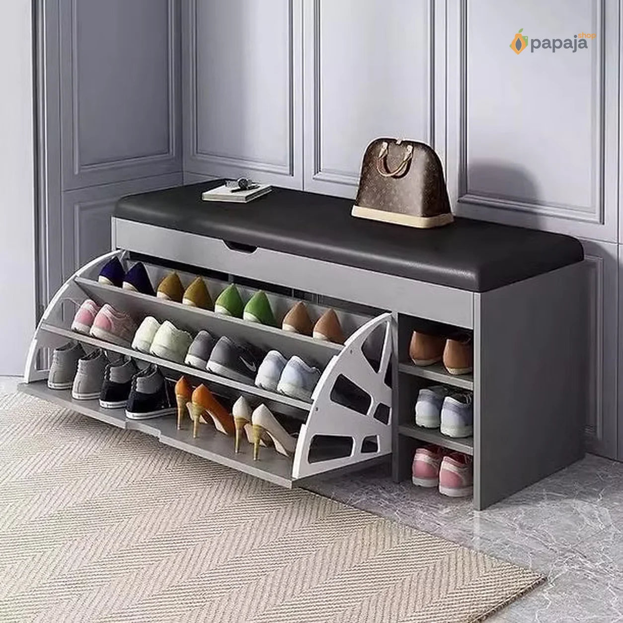 Cipelarnik sa tapaciranim sedištem – siva boja | Papaja Shop