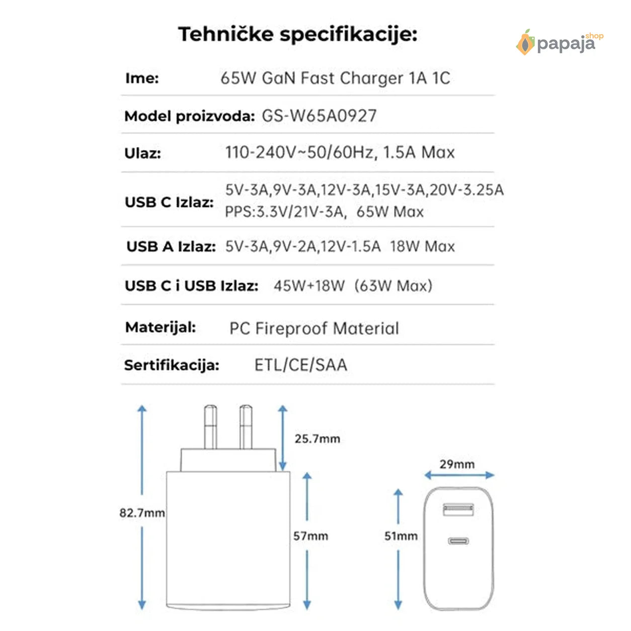 65W brzi USB-C/Type-C punjač - USB-C/Type-C adapter