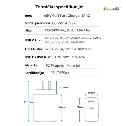 65W brzi USB-C/Type-C punjač - USB-C/Type-C adapter