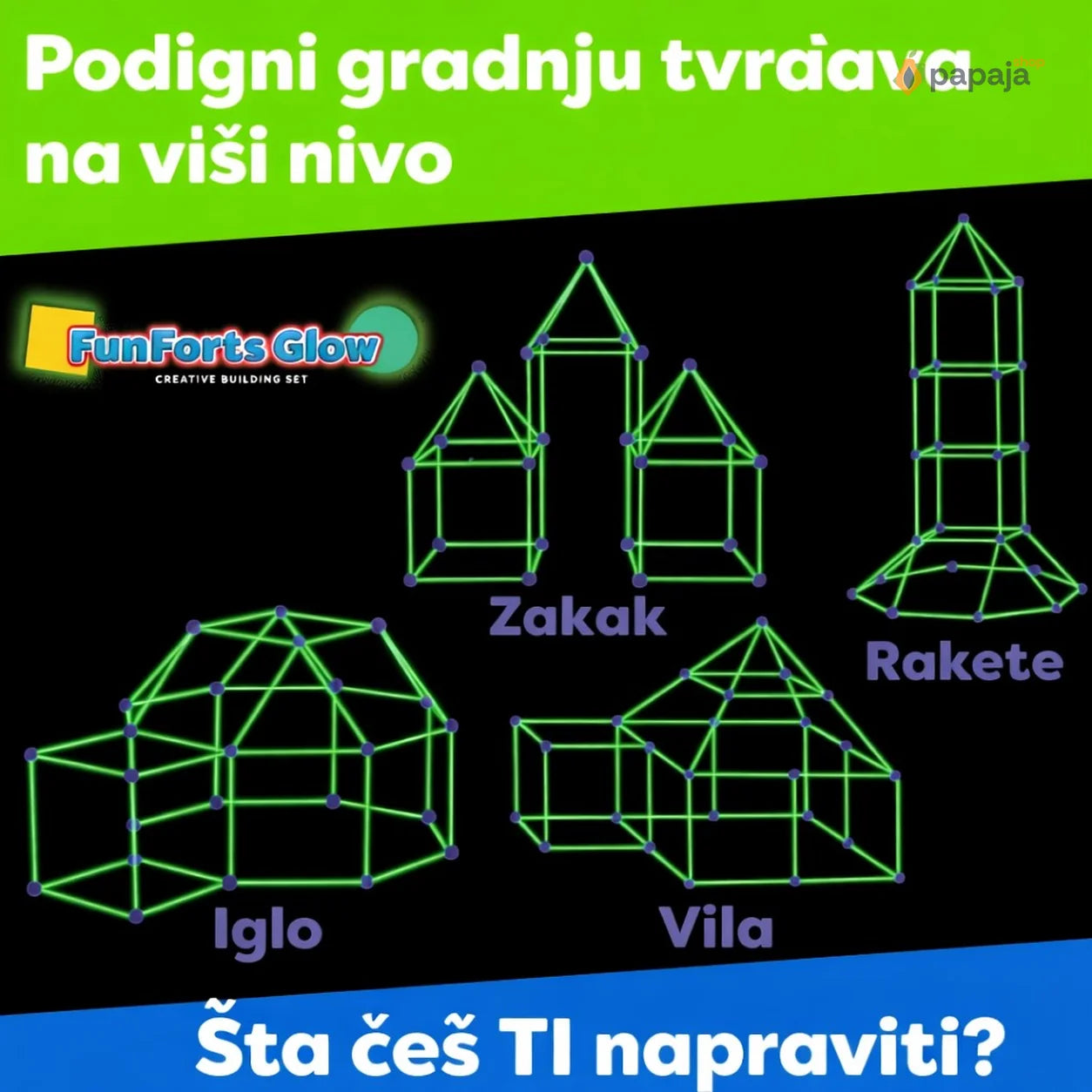 Papaja Tvrđava: Kreativni Set za Gradnju - 87 Delova sa Fluorescentnim Šipkama | Papaja Shop