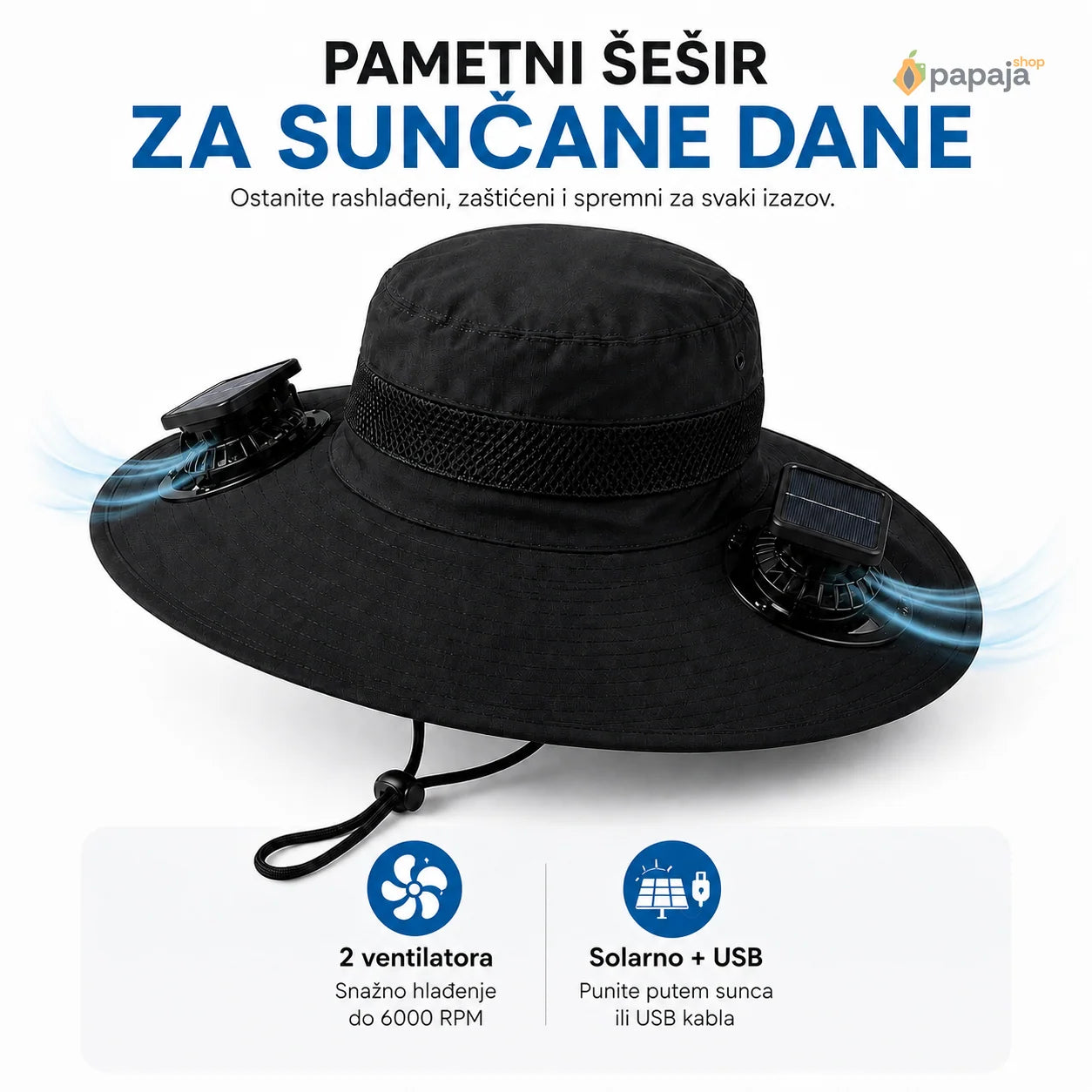 Pametni šešir sa 2 ventilatora i solarnim panelom