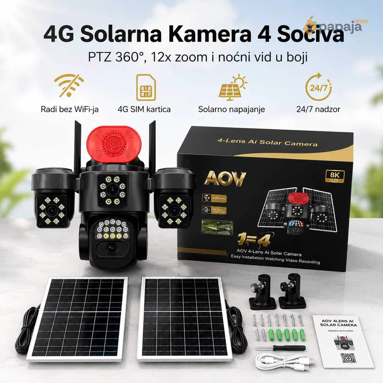 4G Solarna Kamera 4 Sočiva — PTZ 360°, 12x zoom, noćni vid u boji