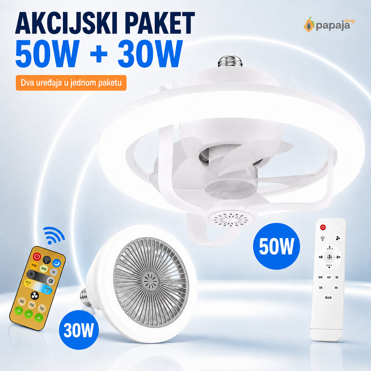 Akcijski paket: ventilator sijalica 50W i LED lampa 30W sa dva daljinska upravljaca