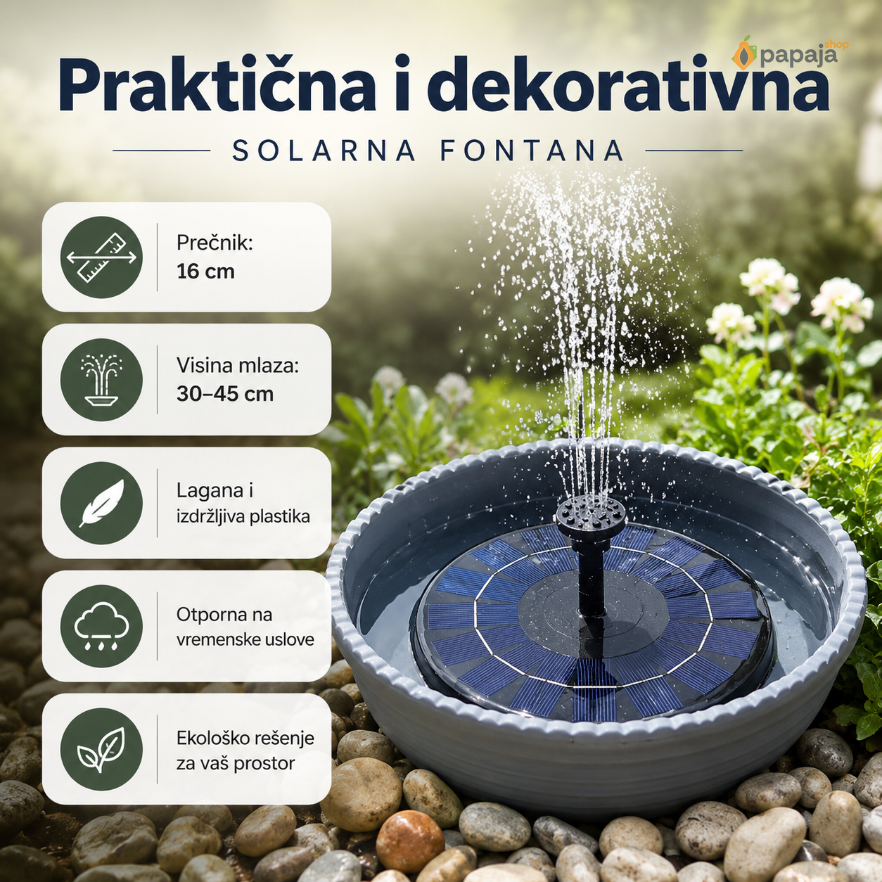 Solarna fontana — benefiti — Praktična i dekorativna
