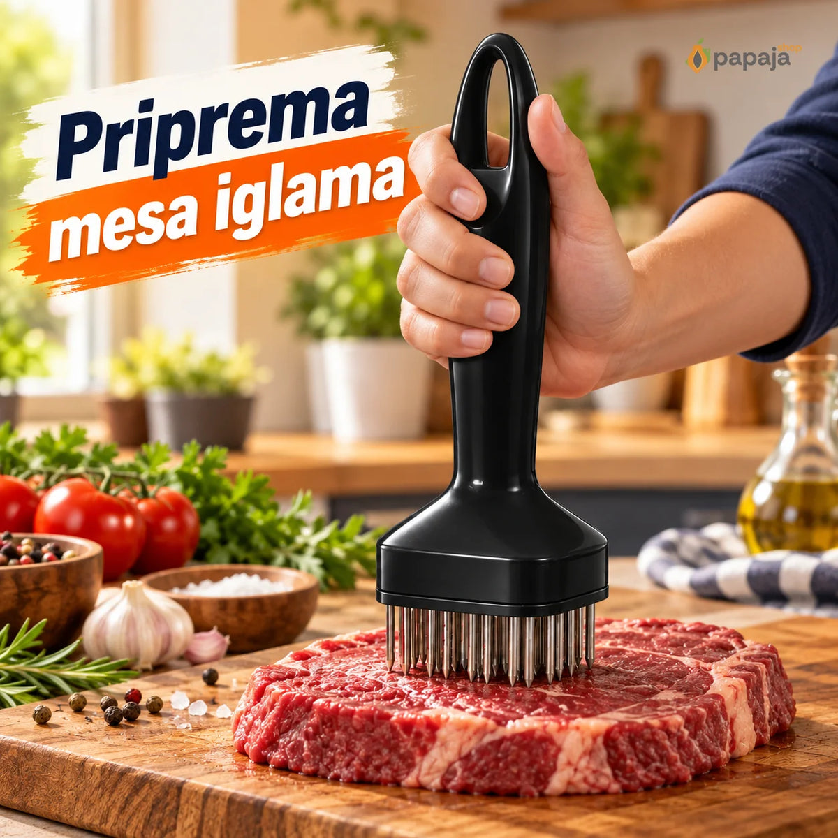Vertikalni pritisak omekšivača sa dugom ručkom na komad mesa