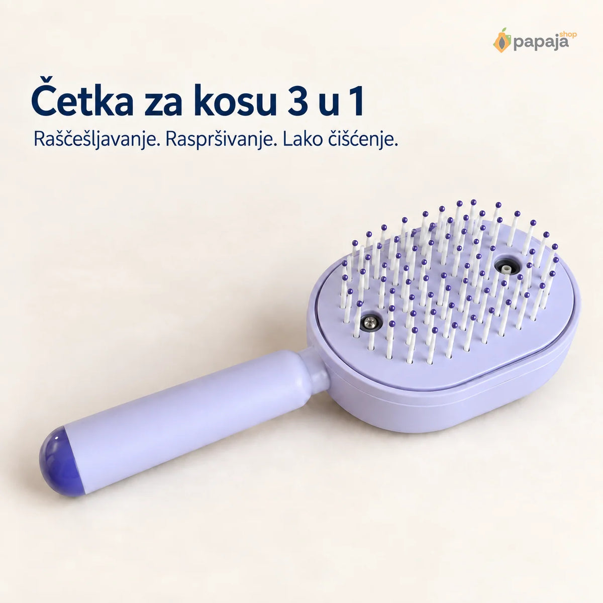 Svetloljubičasta Papaja četka za kosu sa belim zupcima i ugrađenim raspršivačem