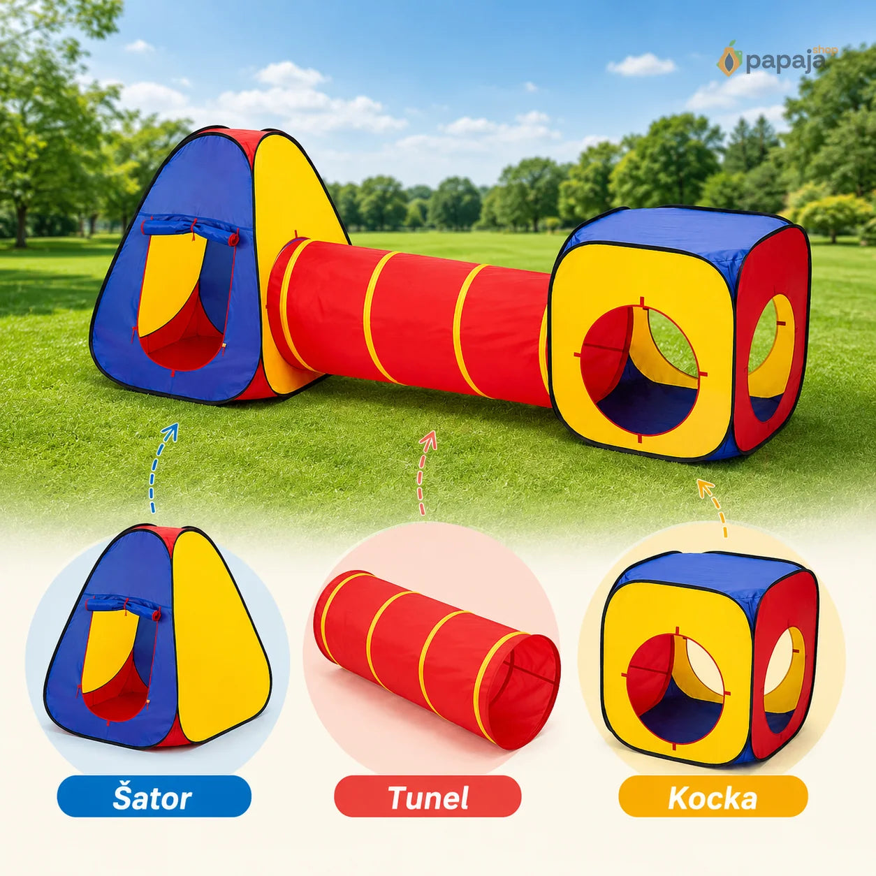 Šator za decu tunel 3u1 - 2 šatora + tunel | Papaja Shop