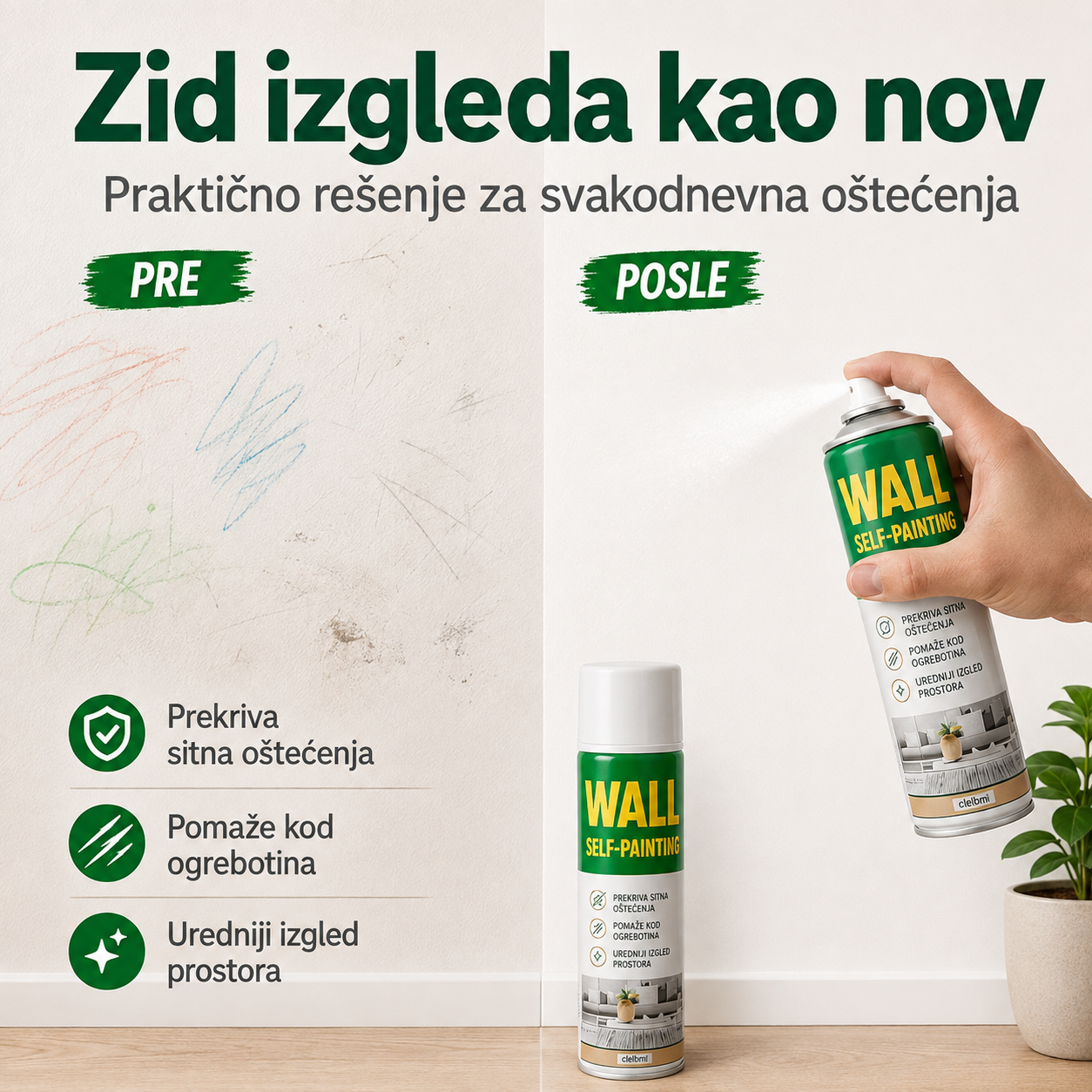 Zid izgleda kao nov - pre i posle, prekriva decje sare i ogrebotine