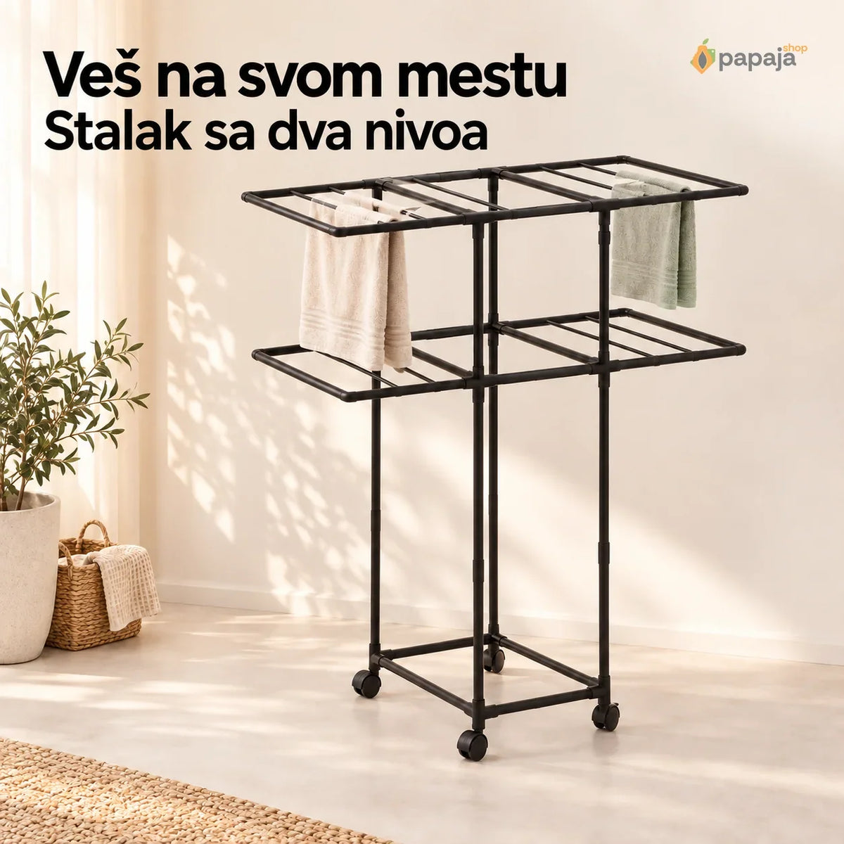 Sklopivi metalni stalak za veš na točkićima – 2 nivoa | Papaja Shop