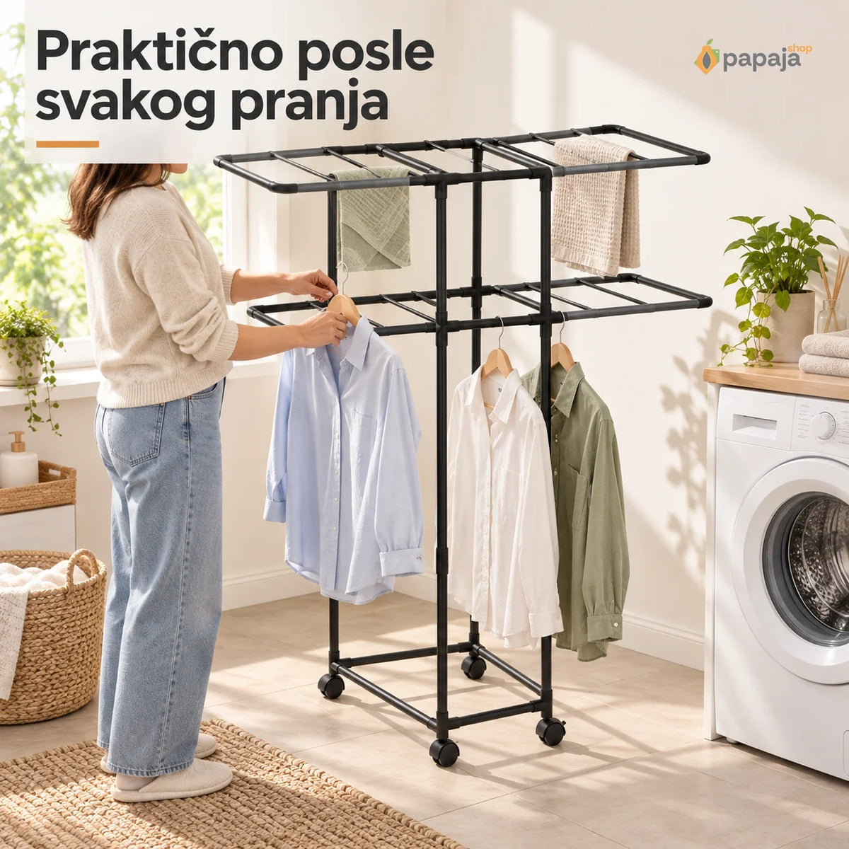Sklopivi metalni stalak za veš na točkićima – 2 nivoa | Papaja